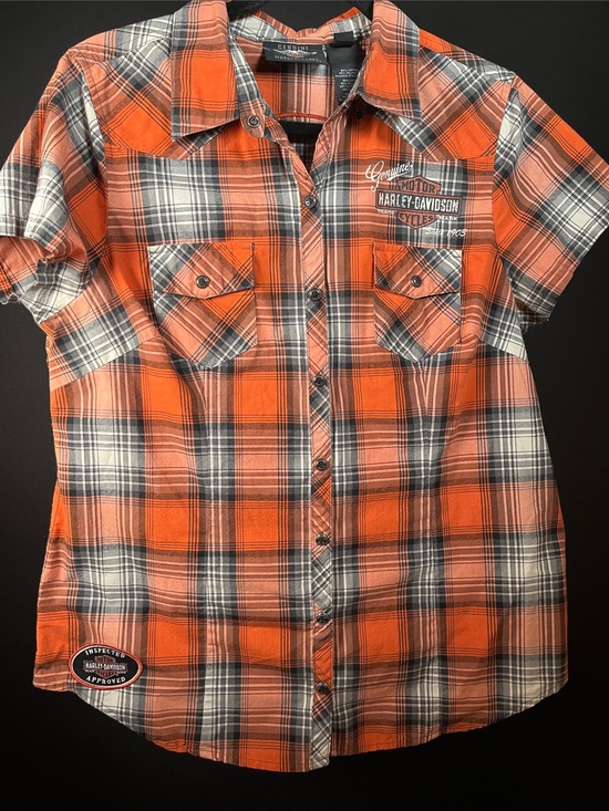 Harley-Davidson Other - Harley-Davidson Orange and Gray Plaid Short-Sleeve Button-Down Shirt Size L